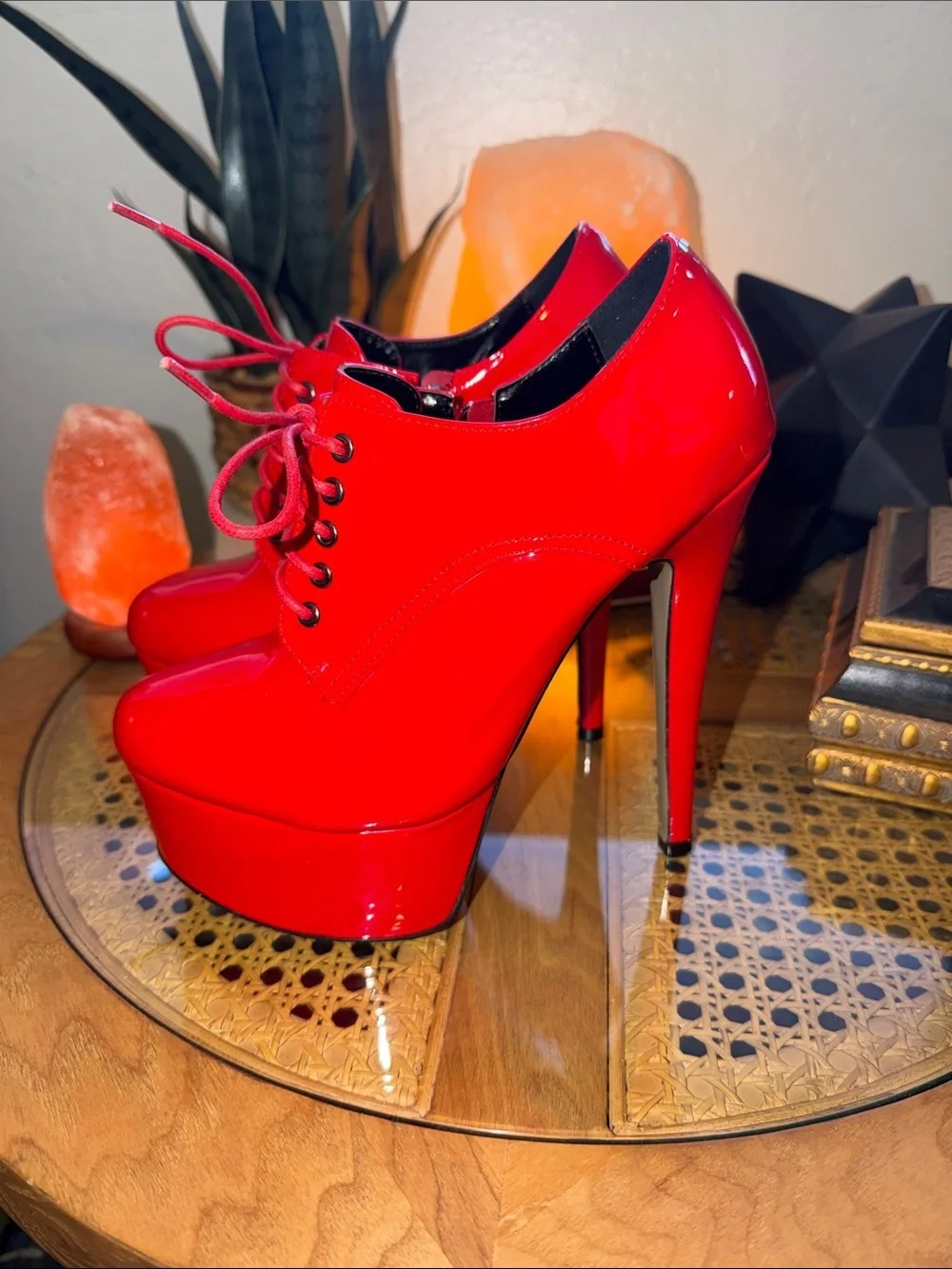 Red Patent Platform Lace-Up High Heel Booties - Women